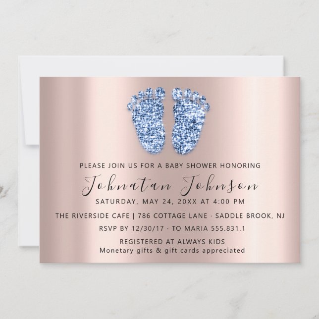 Baby Shower Glitter Rose  Blue Feet Gray Boy Girl Invitation (Front)