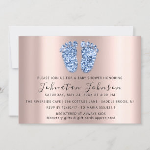 Baby Shower Glitter Rose Blue Feet Gray Boy Girl Invitation