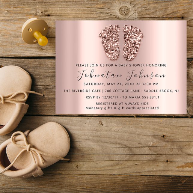 Baby Shower Glitter Rose  Gold Feet Gray Boy Girl Invitation (Baby Shower Glitter Rose Gold Feet Gray Boy Girl Invitation)