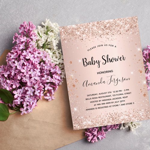 Baby Shower glitter rose gold metal girl Invitation Postcard