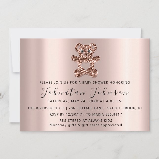 Baby Shower Glitter Rose Sweet Bear Boy Girl Invitation (Front)