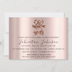 Baby Shower Glitter Rose Sweet Bear Boy Girl Invitation