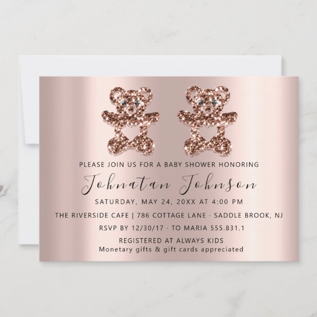 Baby Shower Glitter Rose Twins Bear Boy Girl Invitation (Front)