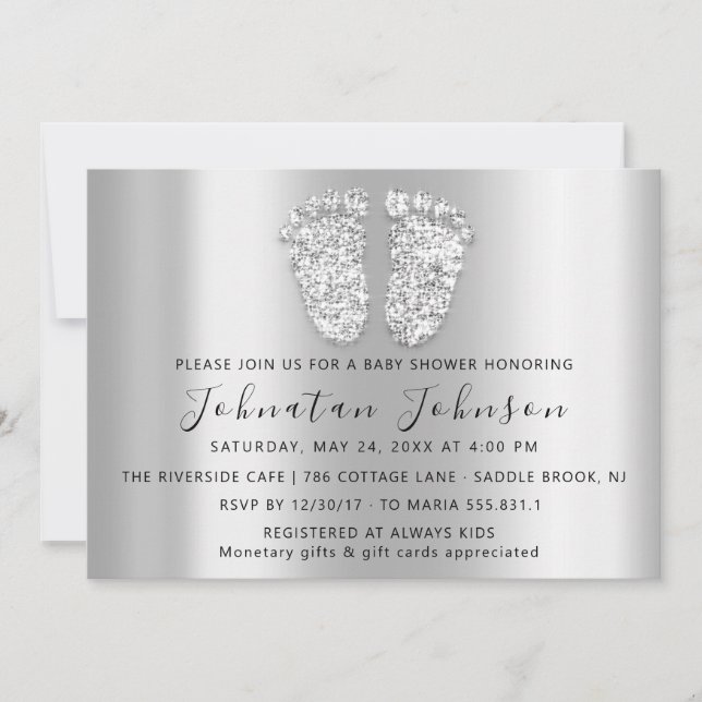 Baby Shower Glitter Silver Gray Feet Gray Boy Girl Invitation (Front)