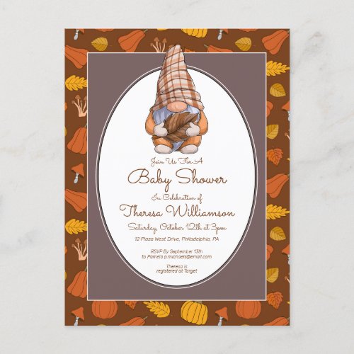 BABY SHOWER  Gnome Autumn Fall Invitation Postcar Postcard