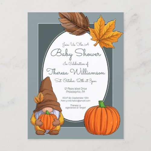 BABY SHOWER  Gnome Autumn Fall Invitation Postcard
