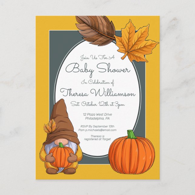BABY SHOWER | Gnome Autumn Fall Invitation Postcard (Front)