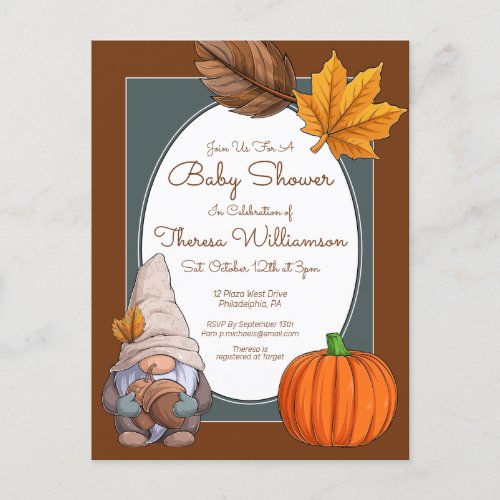 BABY SHOWER  Gnome Autumn Fall Postcard