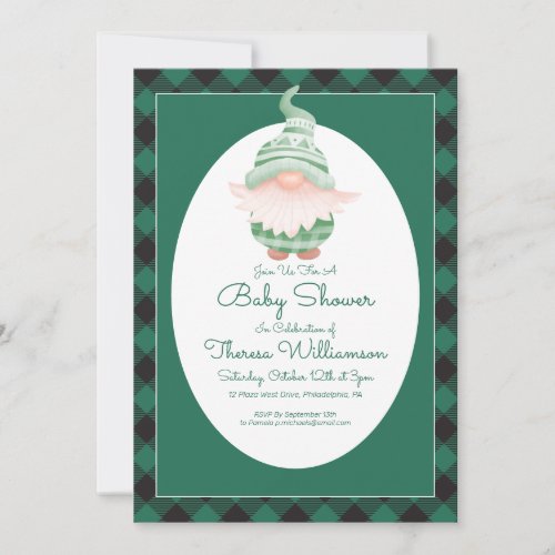 BABY SHOWER  Gnome Green Buffalo Checks Invitation