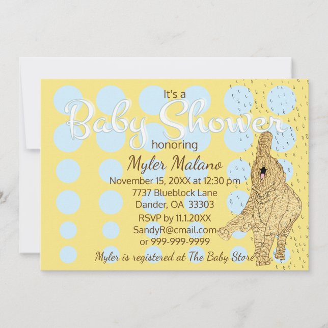 Baby Shower Gold Baby Elephant Blue Invitation (Front)