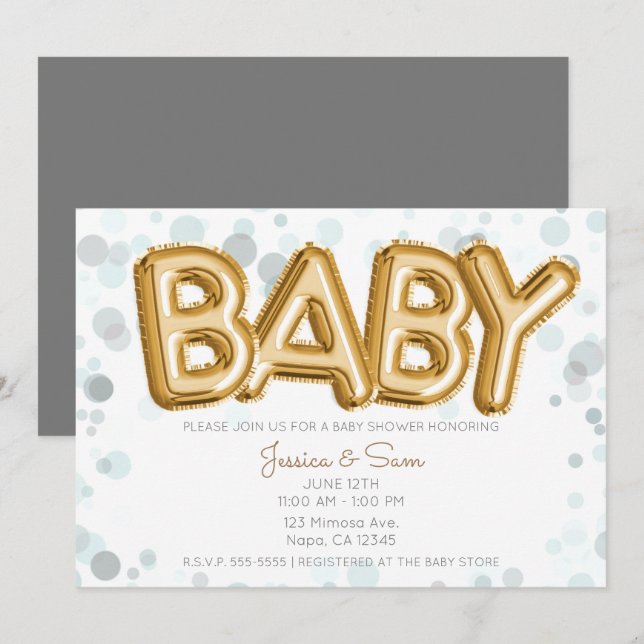 BABY Shower Gold Balloons Modern Chic Grey Dots Invitation (Front/Back)
