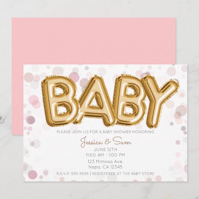BABY Shower Gold Balloons Modern Chic Pink Invitation (Front/Back)