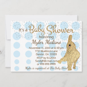 Baby Shower Gold Blue White Baby Elephant Invitation