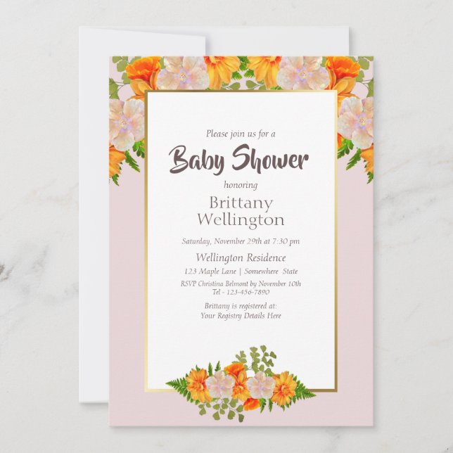 Baby Shower Gold Blush Pink Orange Floral Invitation (Front)