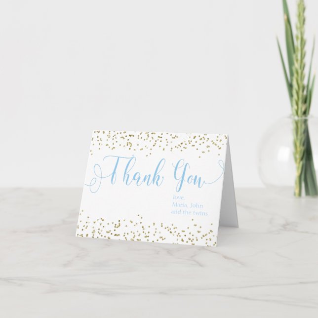 Baby Shower Gold Confetti Twins Blue Boy Thank You Card (Front)