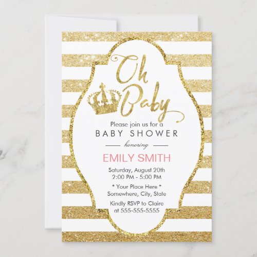 Baby Shower Gold Crown Modern Gold Glitter Stripes Invitation