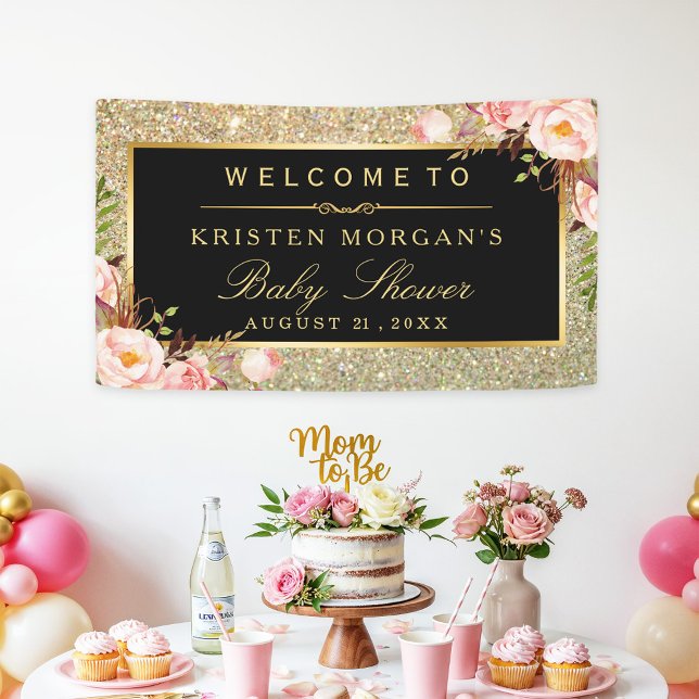 Baby Shower Gold Glitter Sparkles Pink Floral Banner (Creator Uploaded)