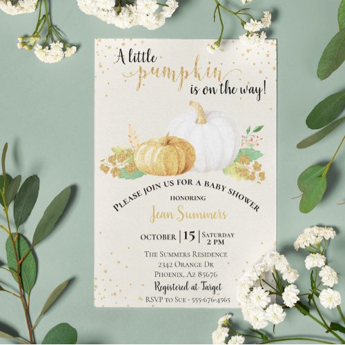 Baby Shower Gold Glitter White Pumpkin Fall Autumn Invitation