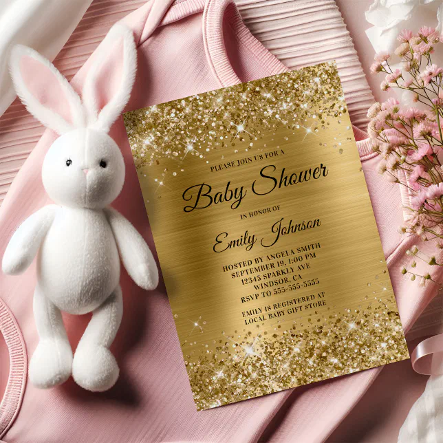 Baby Shower Gold Glittery Foil Fancy Script Invitation | Zazzle