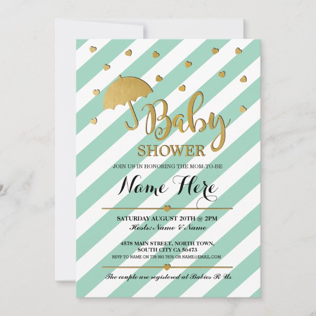 Baby Shower Gold Mint Umbrella Hearts Invite (Front)