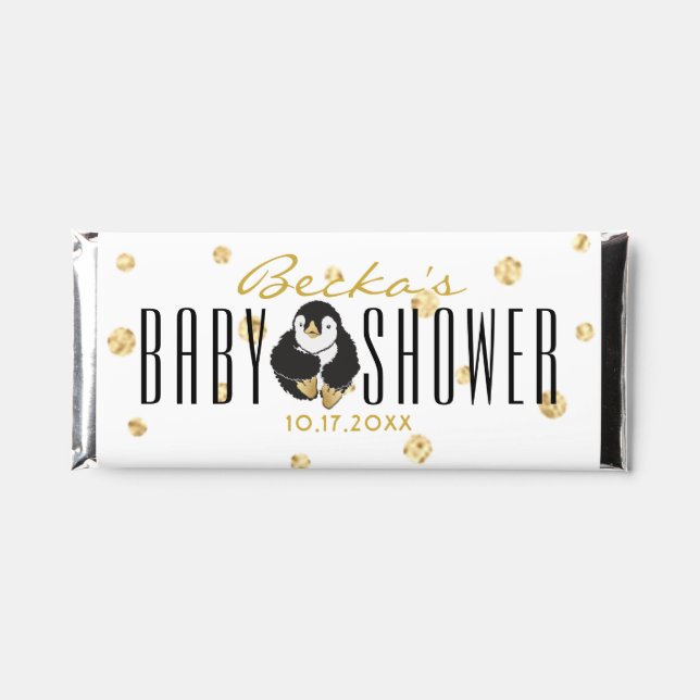 Baby Shower Gold Penguin Baby and Mommy Hershey Bar Favors (Front)