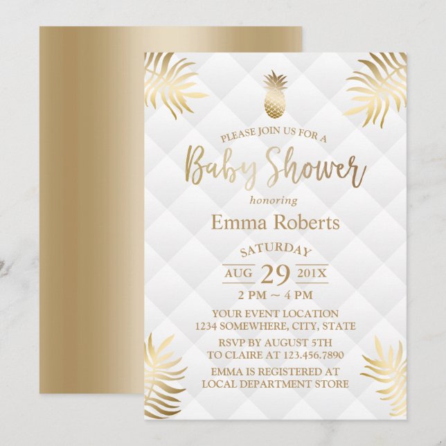 Baby Shower Gold Pineapple Elegant Tropical Invitation (Front/Back)