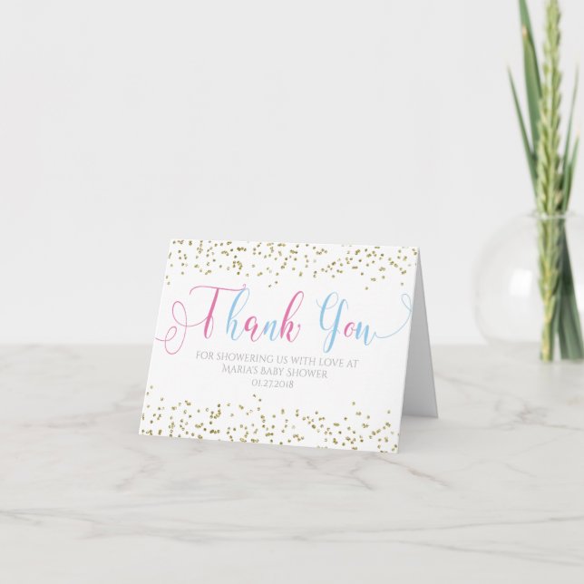 Baby Shower Gold Pink Blue Boy Girl Thank You Card (Front)