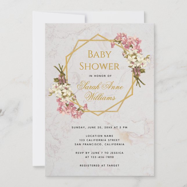 Baby Shower Gold Pink Orchids Floral Geometric Invitation (Front)