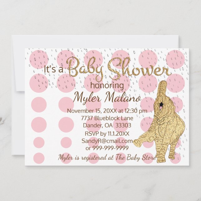 Baby Shower Gold Pink White Baby Elephant Invitation (Front)