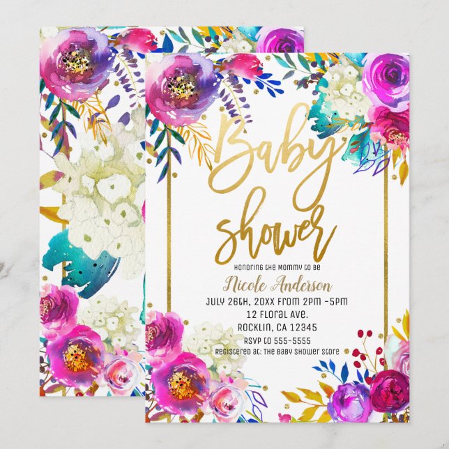 Baby Shower Gold Script Bold Watercolor Floral Invitation (Front/Back)