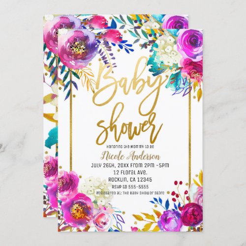 Baby Shower Gold Script Bold Watercolor Floral Invitation