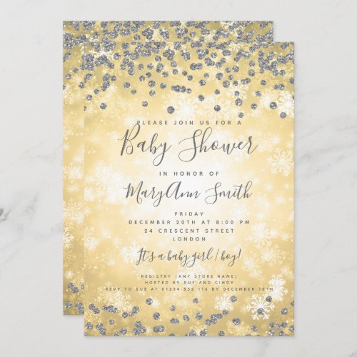 Baby Shower Gold Silver Glitter Winter Wonderland Invitation