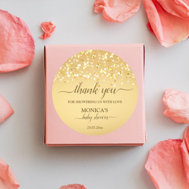 Baby Shower gold sparkling glitter thank you Classic Round Sticker (Creator Uploaded)