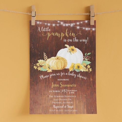 Baby Shower Gold Sunflower Pumpkin Rustic Autumn Invitation