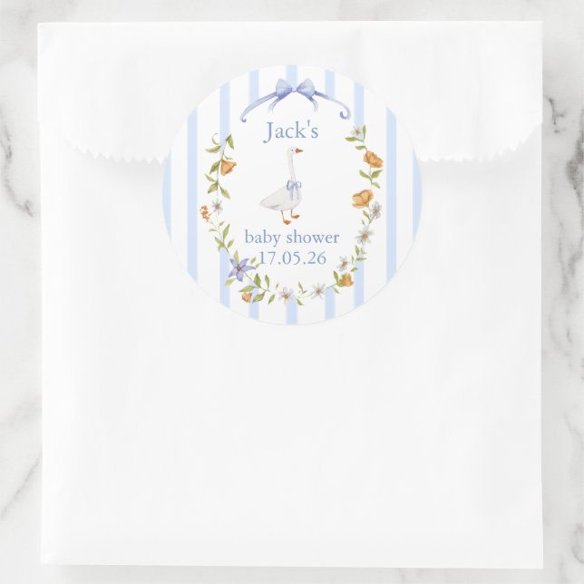 Baby shower goose blue classic round sticker (Bag)