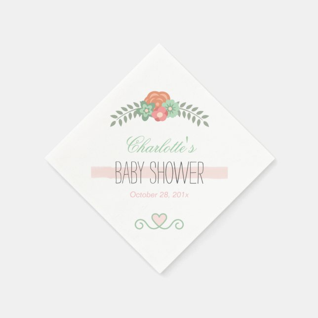 Baby Shower Graceful Blush Pink Mint Green Floral Paper Napkins (Corner)