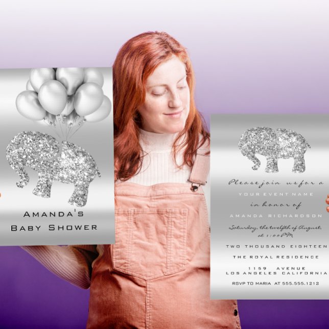 Baby Shower Gray Balloon Elephant Girl Boy Silver Invitation (Creator Uploaded)