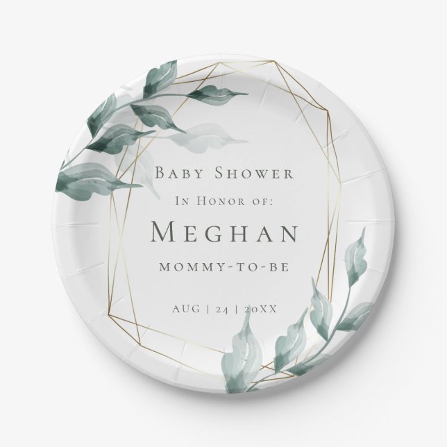 Baby Shower | Grayed Jade Green Botanical Paper Plates (Front)