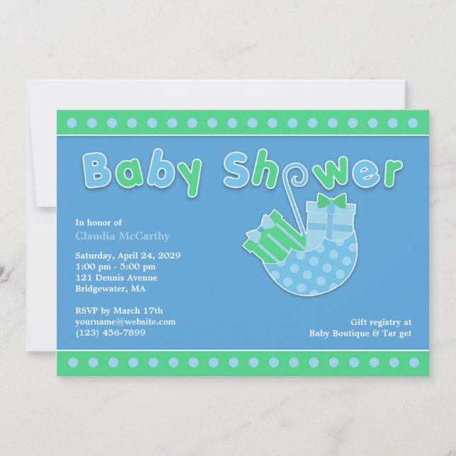 Baby Shower Green Blue Flat Invitation (Front)