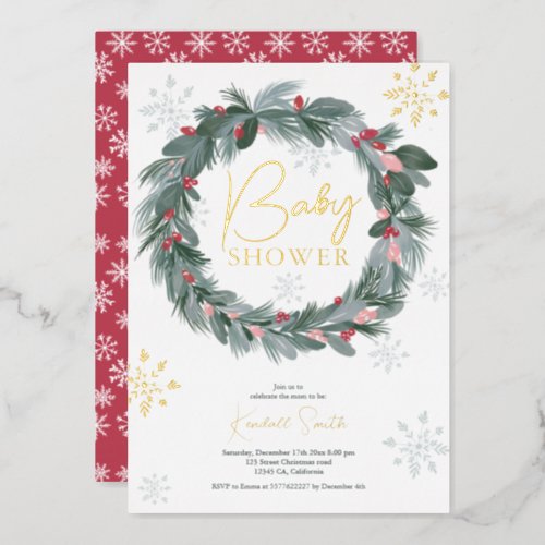 Baby shower green blue red floral Christmas wreath Foil Invitation