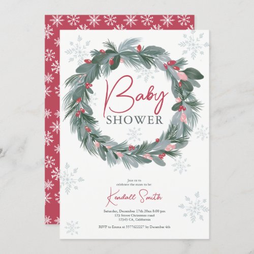 Baby shower green blue red floral Christmas wreath Invitation