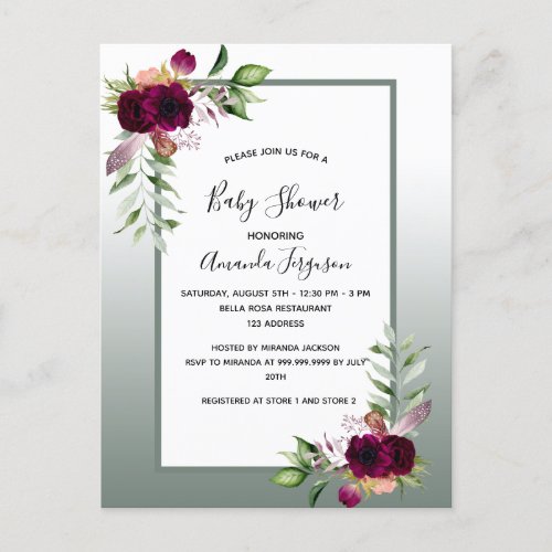 Baby shower green burgundy florals invitation postcard