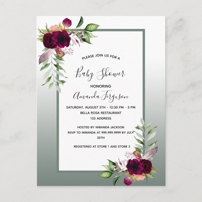 Baby shower green burgundy florals invitation postcard (Front)