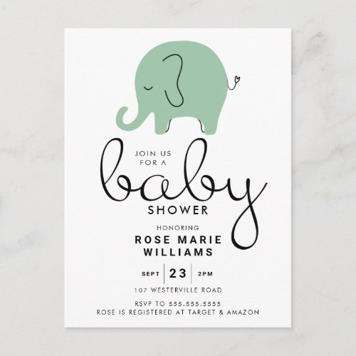 BABY SHOWER  Green Elephant Doodle Postcard