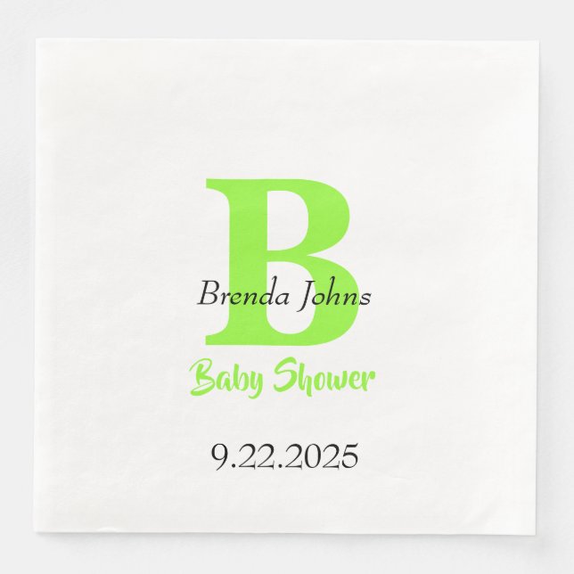 Baby Shower Green Jungle Theme Monogram Name Paper Dinner Napkins (Front)