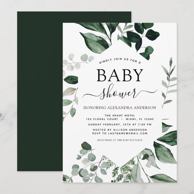 Baby Shower Greenery Botanical Watercolor Invitati Invitation (Front/Back)