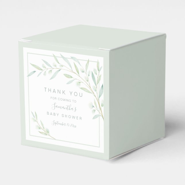 Baby Shower Greenery Elegant Watercolor Leaves Favor Boxes (Front Side)