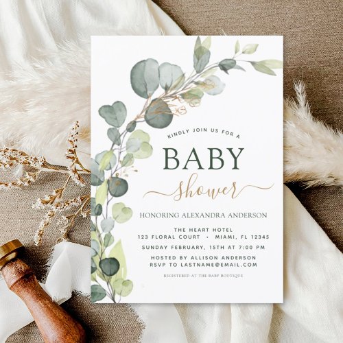 Baby Shower Greenery Eucalyptus Gold Elegant Invitation