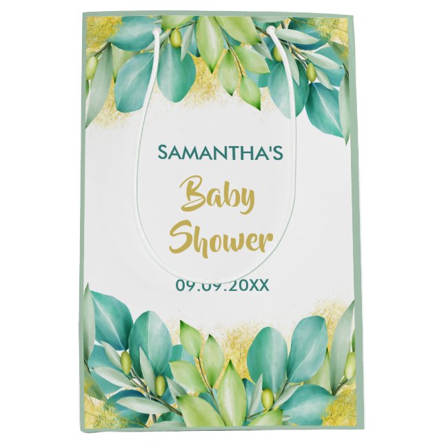 Baby Shower Greenery Eucalyptus Leaves Olive Medium Gift Bag (Front)