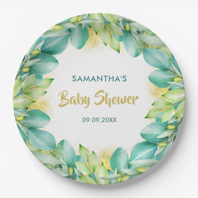 Baby Shower Greenery Eucalyptus Leaves Olive Paper Plates (Front)